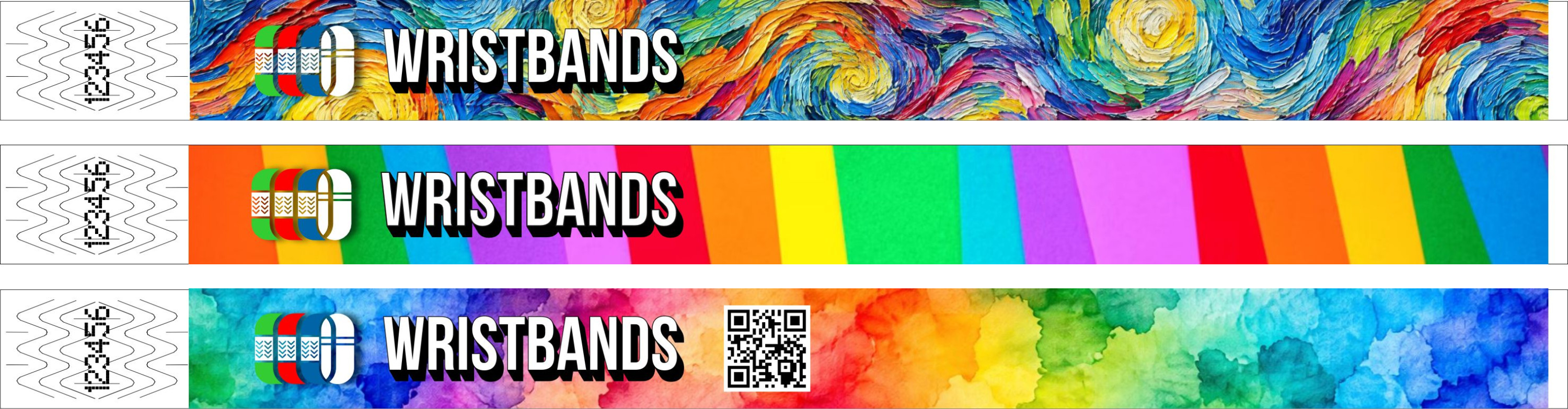 Trei brățări cu imprimare full-color: o pictură, blocuri de culoare și un cod QR