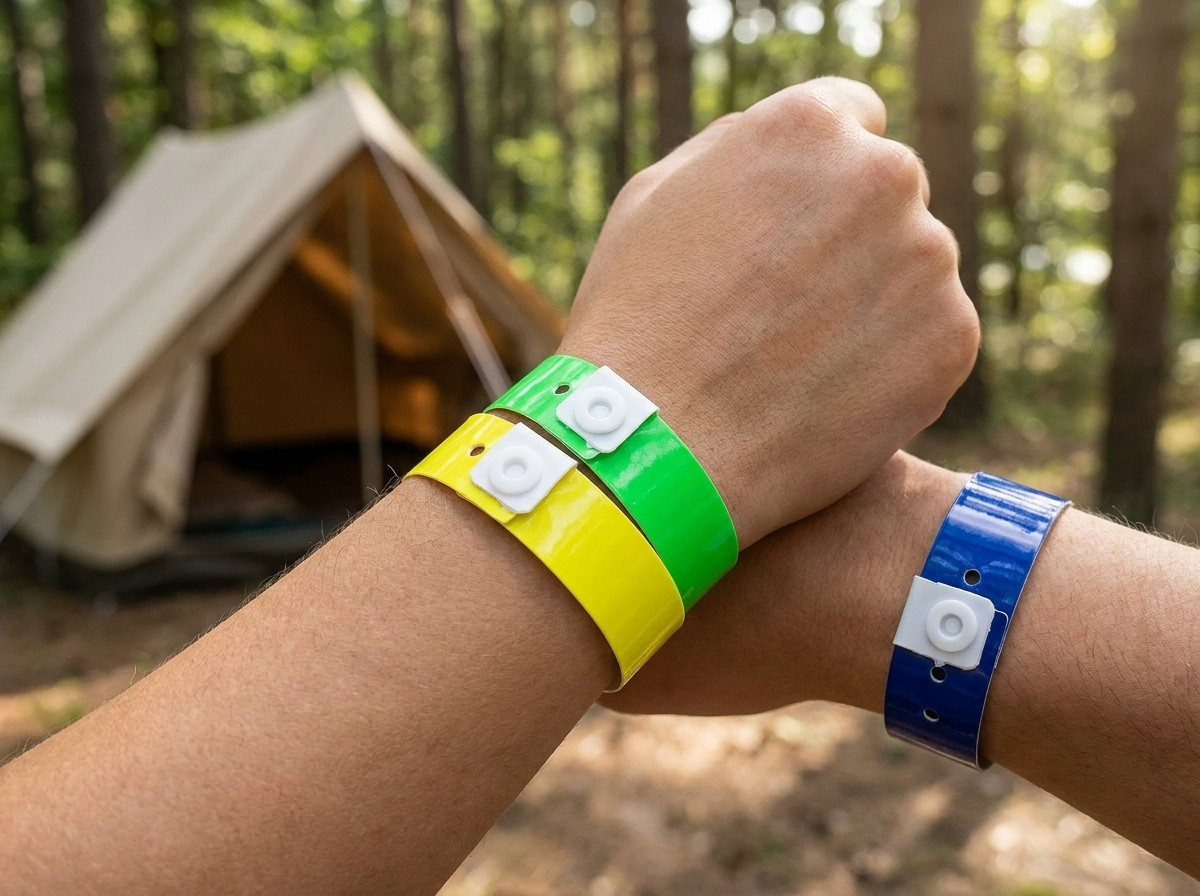 Bratari de camping colorate din Tyvek purtate de camperi la intrarea unei piscine exterioare insorite