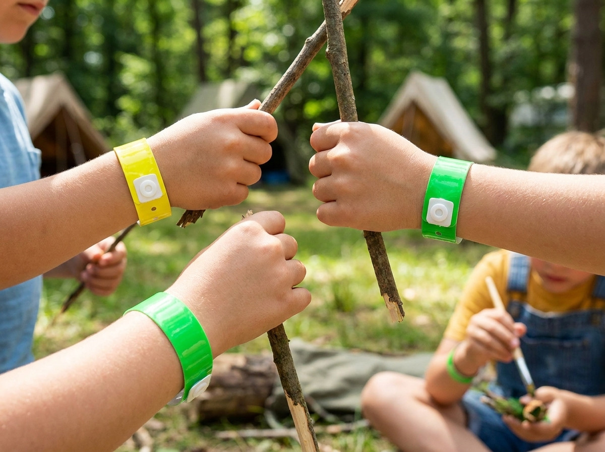 Bratari din Tyvek colorate pentru mini-club de camping, purtate de copii participand la o animatie in aer liber