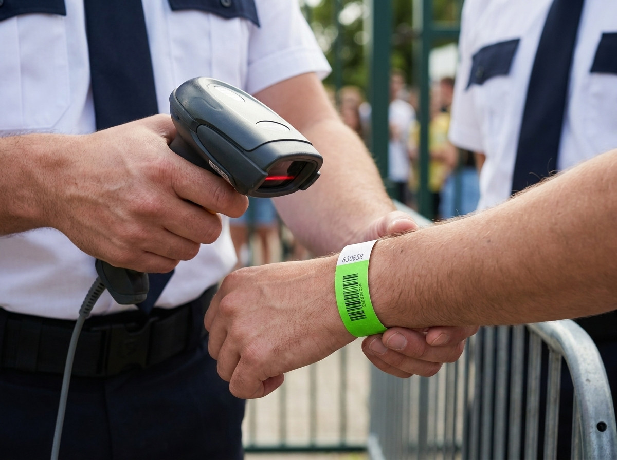 Agent de securitate scanând codul de bare al unei brățări Tyvek la controlul de acces al unui festival în aer liber, cu un scaner laser în mână