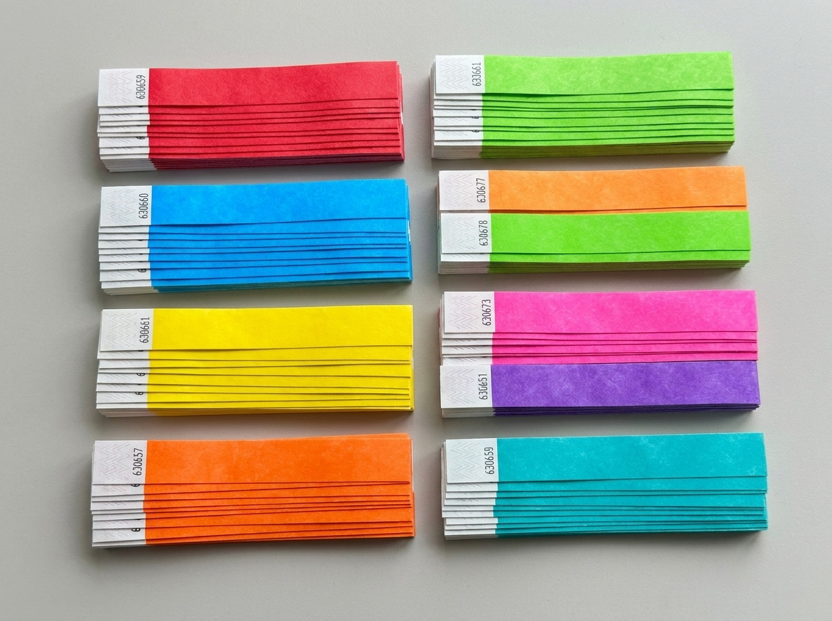Bratari din Tyvek colorate pentru festival cu scene multiple, stivuite pe culori reprezentand fiecare scena si fiecare zi