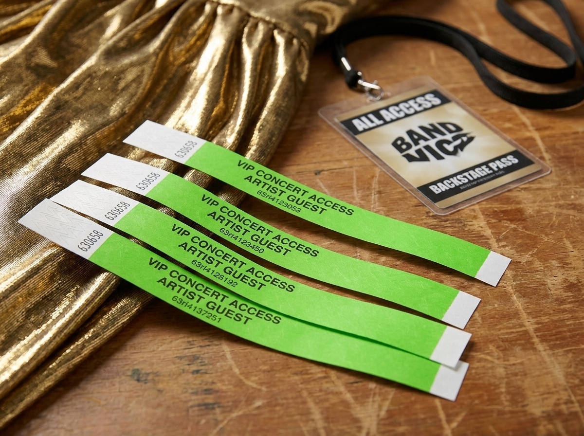 Bratari VIP personalizate pentru concert, asezate pe o masa backstage cu lameu auriu si ecuson de artist