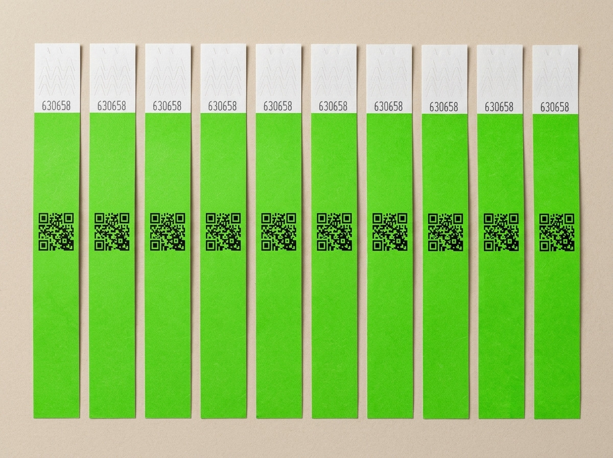 Bratari de identificare anti-frauda numerotate aliniate, aratand inchiderea anti-transfer si codul QR imprimat in inalta definitie