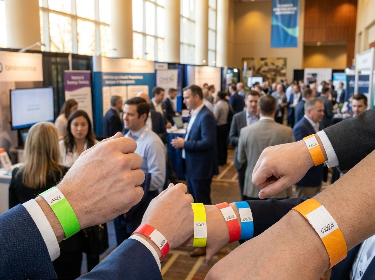 Bratari din Tyvek colorate purtate de profesionisti la intrarea unui salon B2B, cu cod de bare vizibil si inchidere anti-transfer