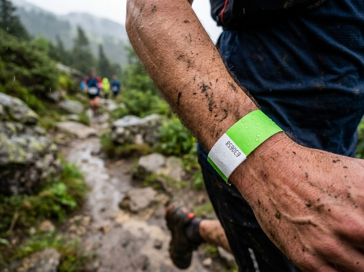 Alergător de trail purtând o brățară de identificare rezistentă la noroi în cadrul unei curse de munte