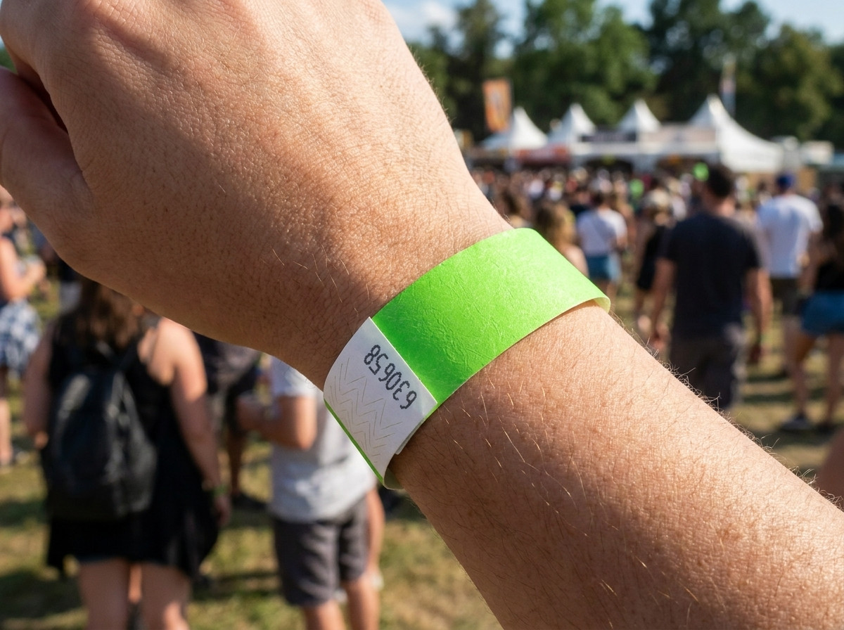 Brățară din vinil PVC cu fotografie imprimată în înaltă definiție, purtată la încheietură în timpul unui festival în aer liber