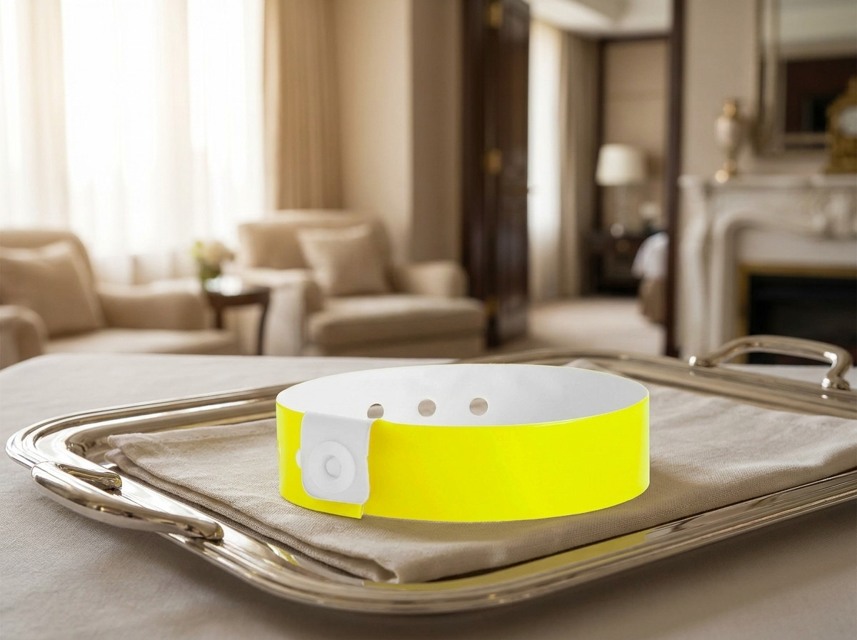 Bratara VIP personalizata pentru clientul unui apartament hotelier de lux, asezata pe un platou de servicii elegant