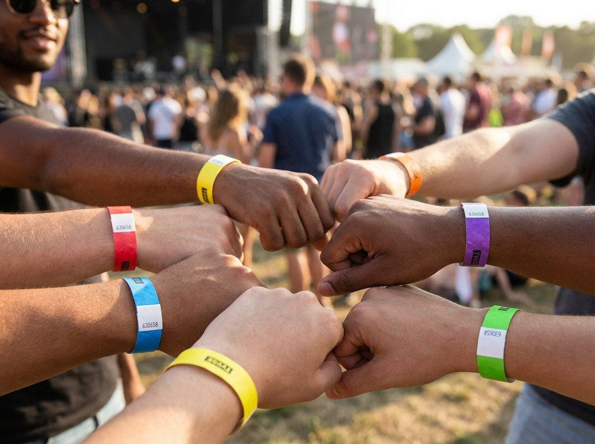 Bratari Tyvek multicolore pentru identificarea categoriilor de vizitatori la un festival in aer liber