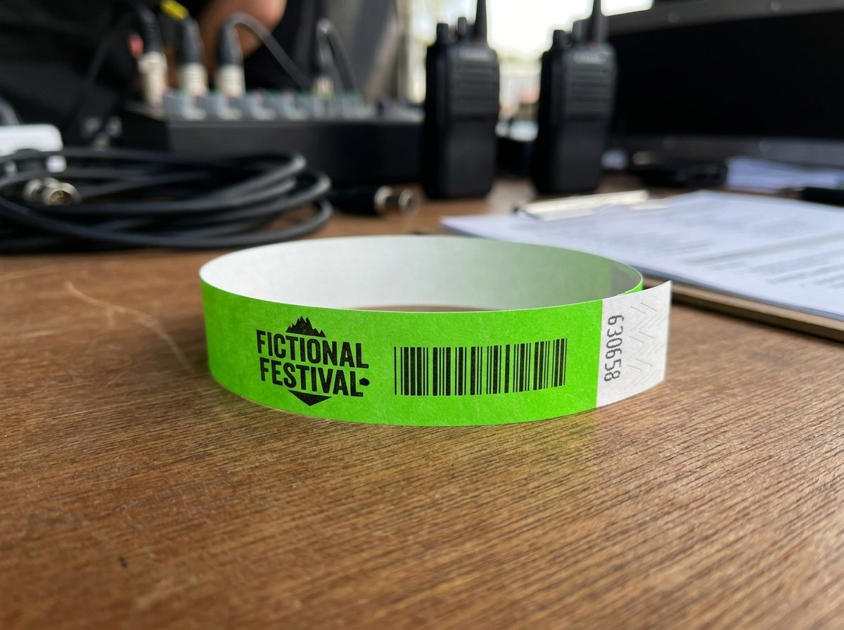 Prim-plan al unei brățări din hârtie albă cu un logo imprimat, prinsă pe un încheietura mâinii