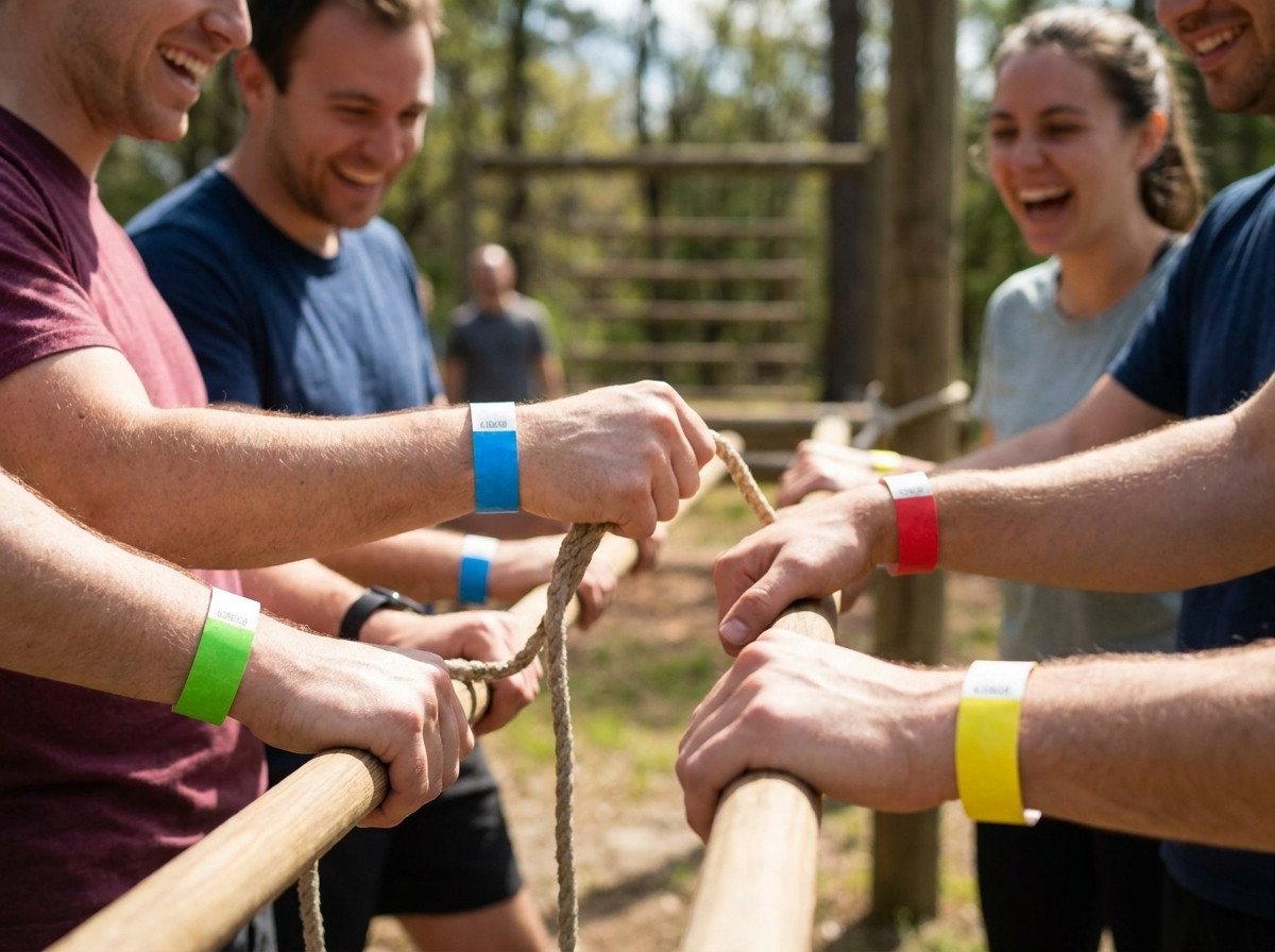 Brățări team building colorate purtate de participanți în cadrul unei activități în aer liber, fiecare culoare reprezentând o echipă diferită