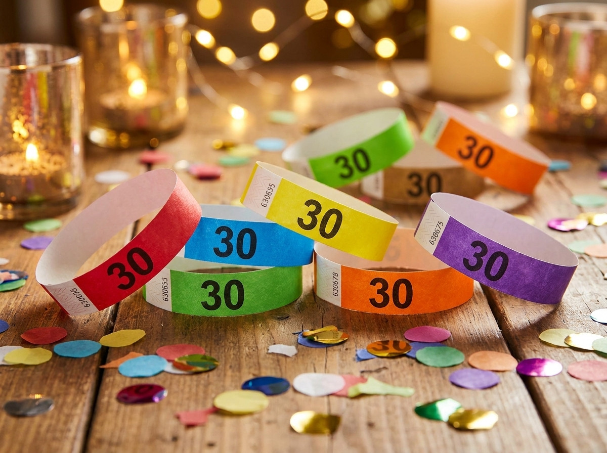 Brățări Tyvek colorate personalizate cu cifra 30 pentru o petrecere aniversară, așezate pe o masă decorată cu confetti