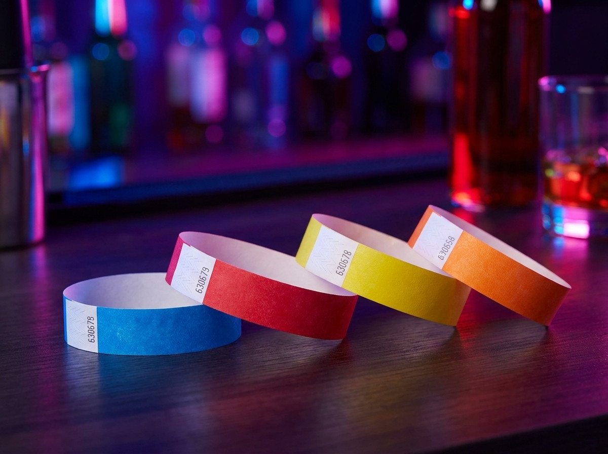 Brățări din vinil PVC colorate pentru acces VIP într-un club de noapte, așezate pe un blat de bar cu lumini ambientale