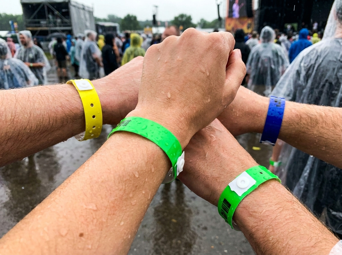Brățări din vinil PVC colorate purtate la încheietura mâinii în timpul unui festival de mai multe zile sub ploaie